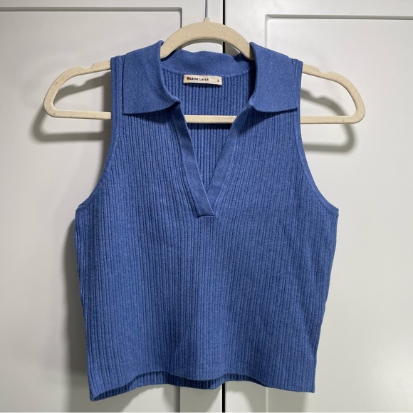 Marine Layer Tops - Marine Layer Amelia Rib Polo Coronet Blue Preppy Quiet Luxury Coastal Chic